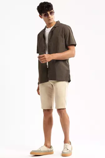 men's short sleeves floral olive shirt