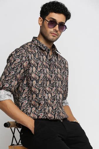 men's long sleeves ethnic motifs black shirt