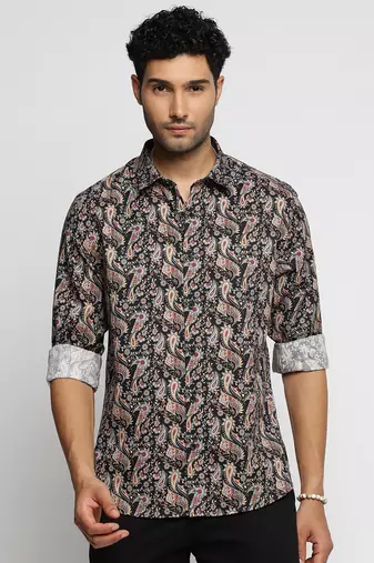 men's long sleeves ethnic motifs black shirt