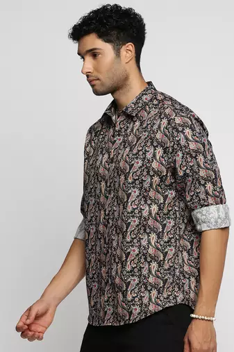 men's long sleeves ethnic motifs black shirt