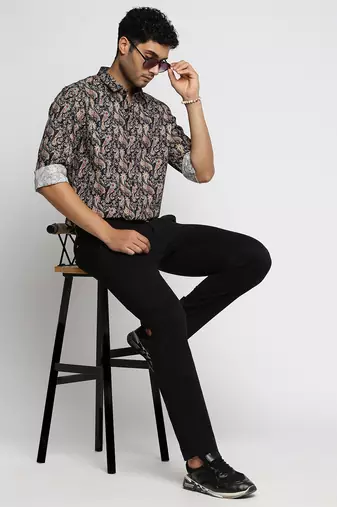 men's long sleeves ethnic motifs black shirt