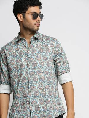 men's long sleeves floral sea green shirt 1
