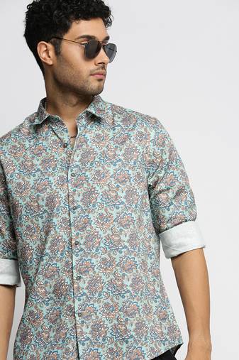 men's long sleeves floral sea green shirt