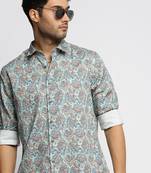 men's long sleeves floral sea green shirt
