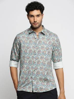 men's long sleeves floral sea green shirt 2