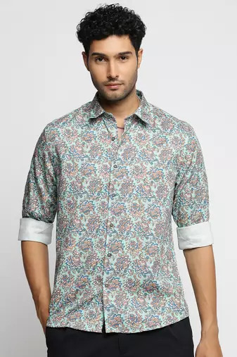 men's long sleeves floral sea green shirt