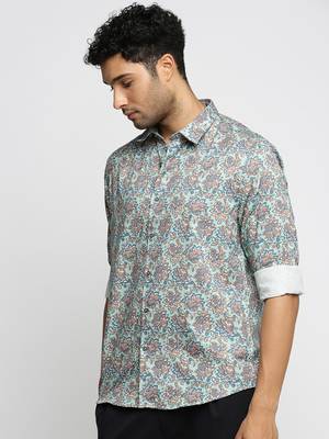 men's long sleeves floral sea green shirt 3