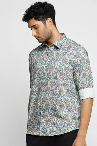 men's long sleeves floral sea green shirt