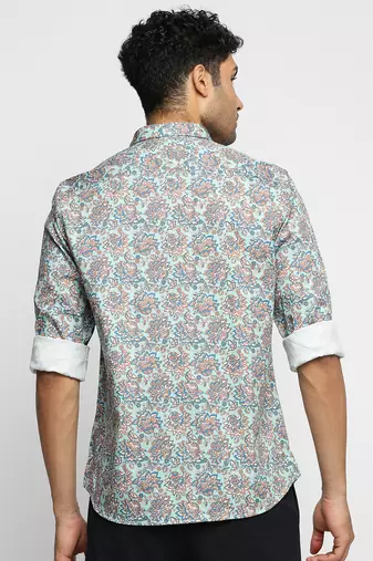 men's long sleeves floral sea green shirt