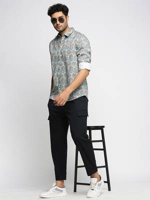 men's long sleeves floral sea green shirt 5