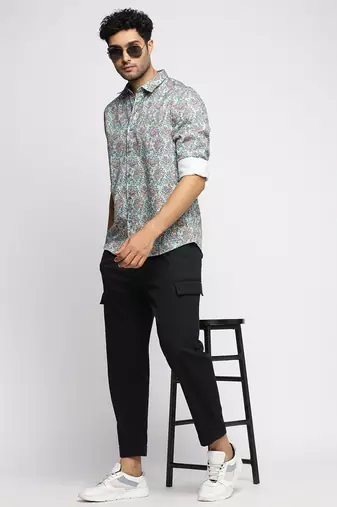 men's long sleeves floral sea green shirt