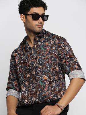 men's long sleeves ethnic motifs black shirt 1