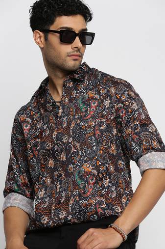 men's long sleeves ethnic motifs black shirt