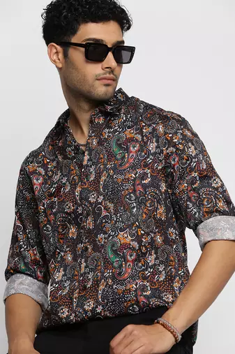 men's long sleeves ethnic motifs black shirt