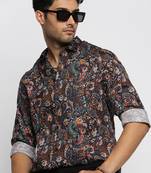 men's long sleeves ethnic motifs black shirt