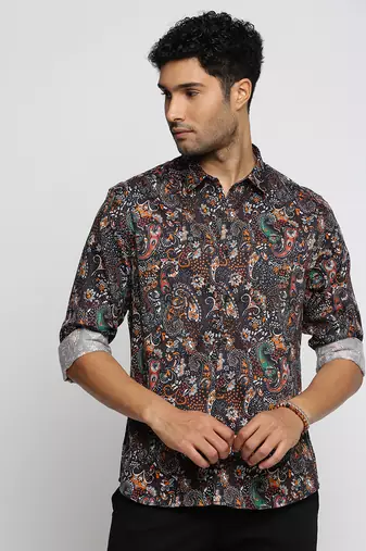 men's long sleeves ethnic motifs black shirt