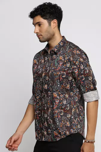 men's long sleeves ethnic motifs black shirt