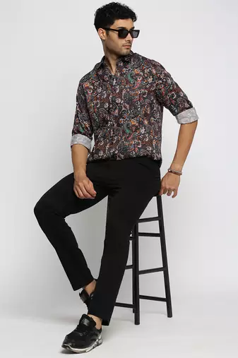 men's long sleeves ethnic motifs black shirt