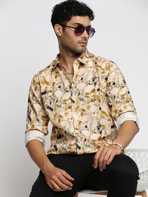Showoff men's long sleeves abstract cream shirt 1
