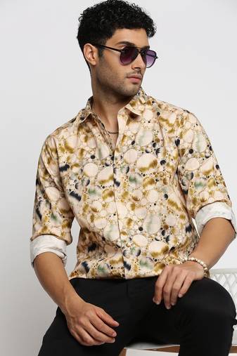 Showoff men's long sleeves abstract cream shirt