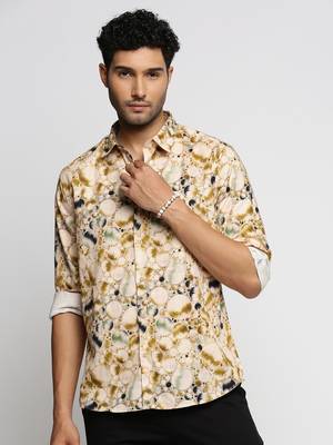 Showoff men's long sleeves abstract cream shirt 2