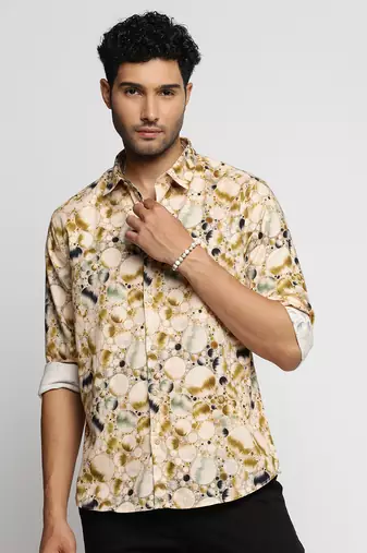 Showoff men's long sleeves abstract cream shirt