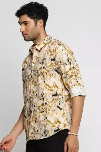 Showoff men's long sleeves abstract cream shirt