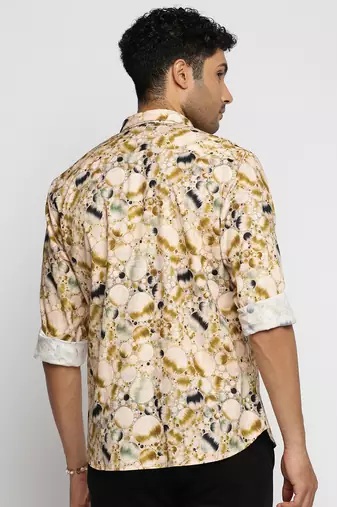 Showoff men's long sleeves abstract cream shirt