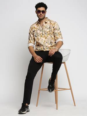 Showoff men's long sleeves abstract cream shirt 5