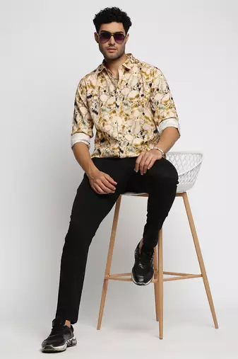 Showoff men's long sleeves abstract cream shirt