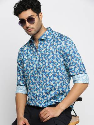 Showoff men's long sleeves floral blue shirt 1