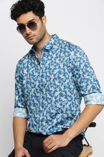 Showoff men's long sleeves floral blue shirt