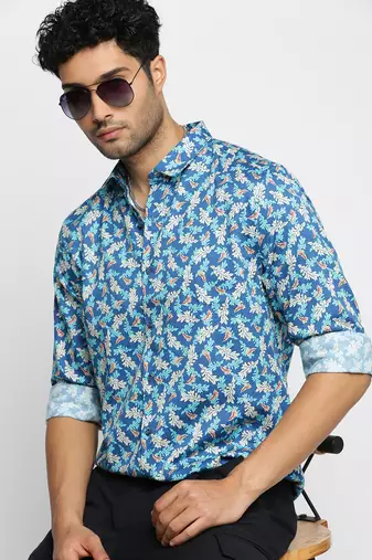 Showoff men's long sleeves floral blue shirt