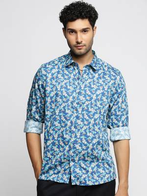 Showoff men's long sleeves floral blue shirt 2
