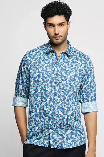 Showoff men's long sleeves floral blue shirt