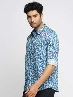 Showoff men's long sleeves floral blue shirt 3