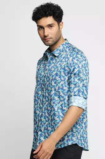 Showoff men's long sleeves floral blue shirt
