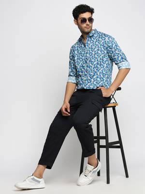 Showoff men's long sleeves floral blue shirt 5