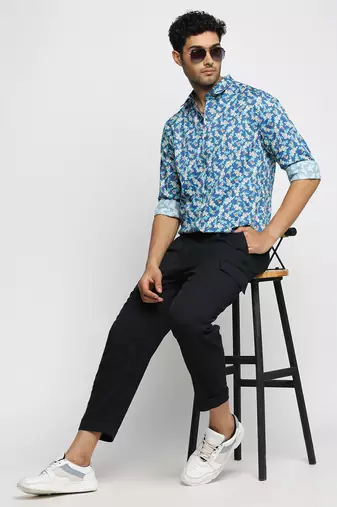 Showoff men's long sleeves floral blue shirt