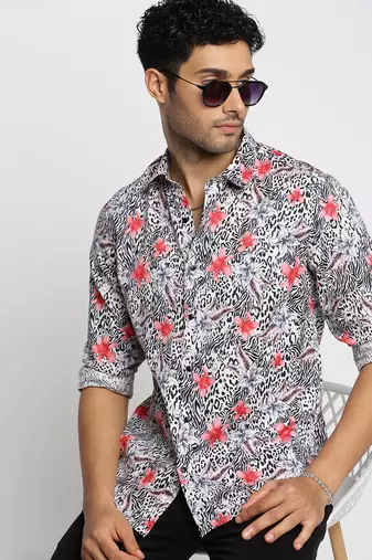 men's long sleeves floral off white shirt