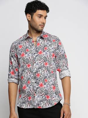 men's long sleeves floral off white shirt 2