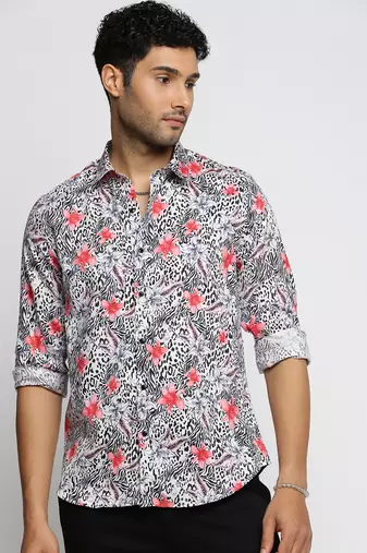 men's long sleeves floral off white shirt