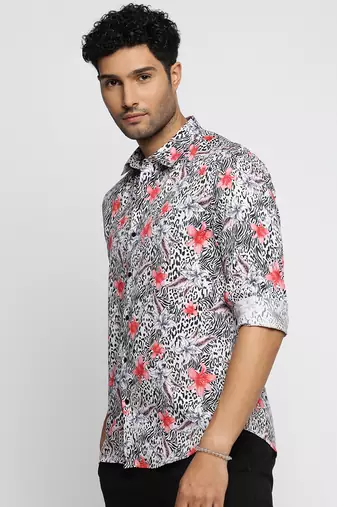 men's long sleeves floral off white shirt