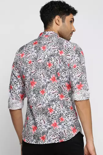 men's long sleeves floral off white shirt