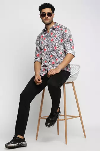 men's long sleeves floral off white shirt
