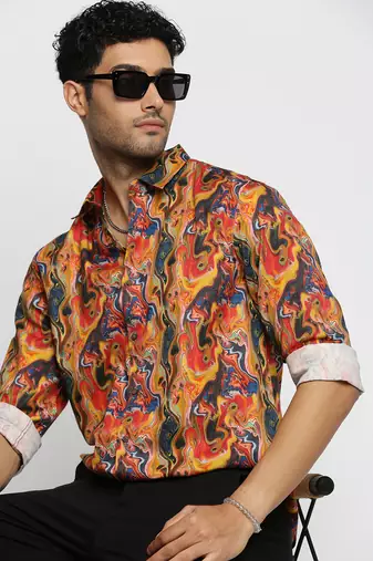 men's long sleeves abstract orange shirt