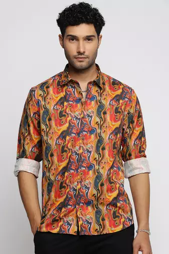 men's long sleeves abstract orange shirt