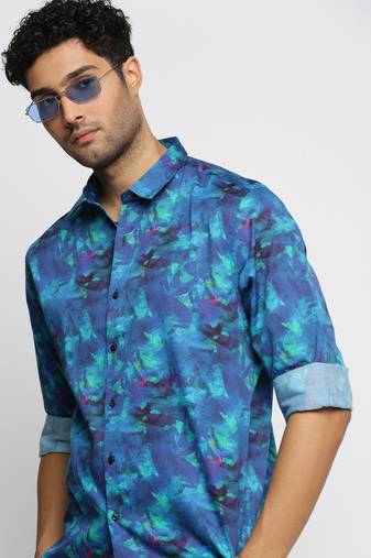 men's long sleeves abstract blue shirt