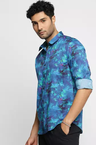 men's long sleeves abstract blue shirt