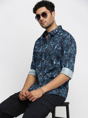 Showoff men's long sleeves abstract blue shirt 1